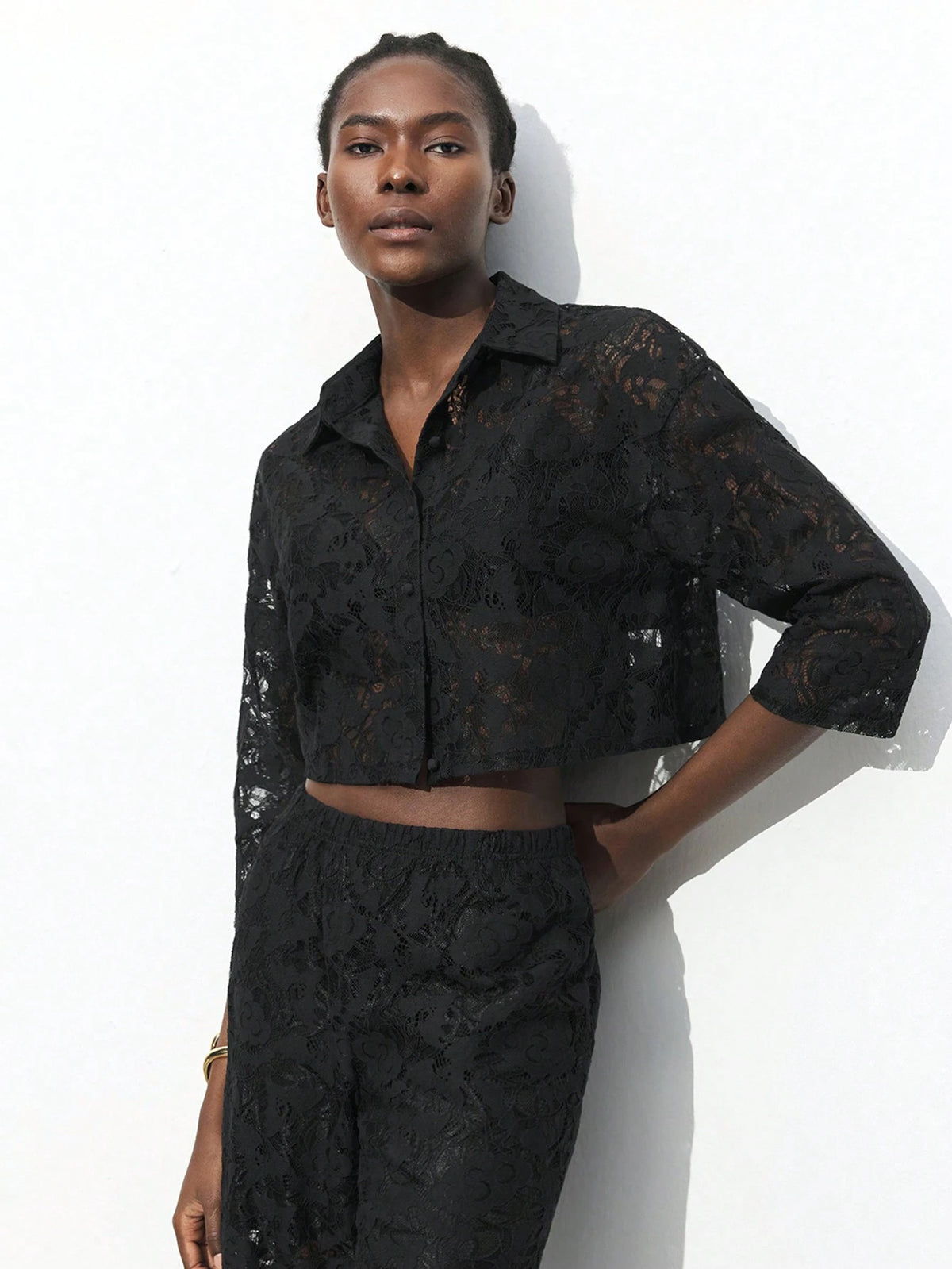 Maija Women's Lace Embroidery Front Button Plain Shirt, Casual For Daily Wear