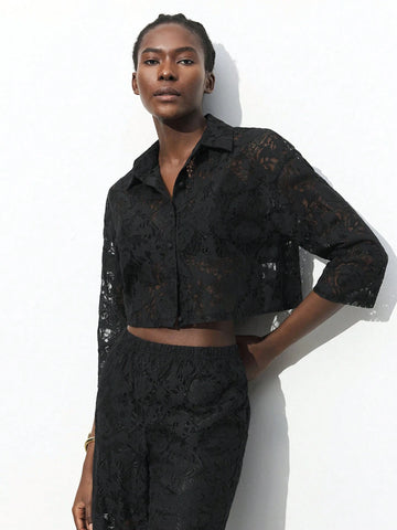 Maija Women's Lace Embroidery Front Button Plain Shirt, Casual For Daily Wear