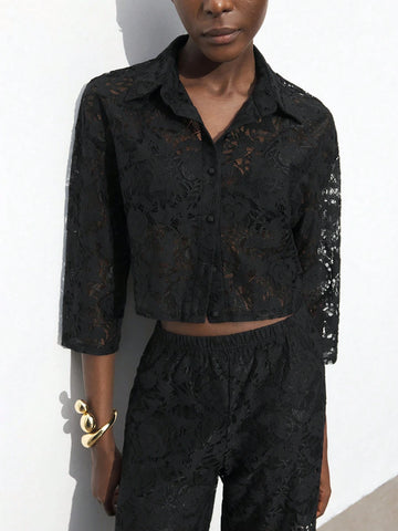 Maija Women's Lace Embroidery Front Button Plain Shirt, Casual For Daily Wear