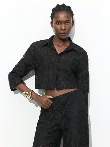 Maija Women's Lace Embroidery Front Button Plain Shirt, Casual For Daily Wear