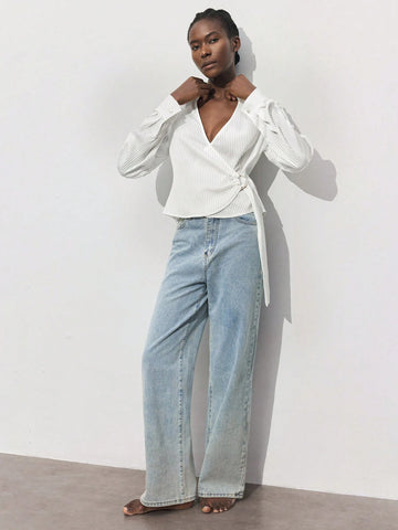 Maija Women's Lapel Striped Wrap Long Sleeve Casual Shirt