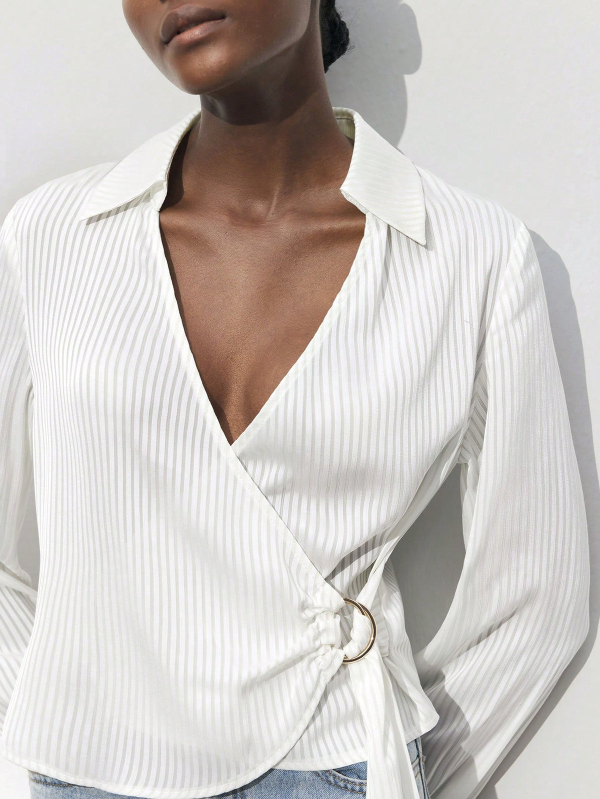 Maija Women's Lapel Striped Wrap Long Sleeve Casual Shirt