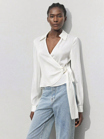 Maija Women's Lapel Striped Wrap Long Sleeve Casual Shirt