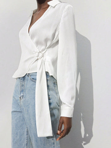 Maija Women's Lapel Striped Wrap Long Sleeve Casual Shirt