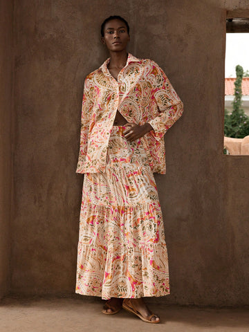 Retro Printed Summer Casual Blouse, Versatile, Fashionable, Comfortable & Loose Fit, Lapel Collar, Drop Shoulder, Long Sleeve, Front Button