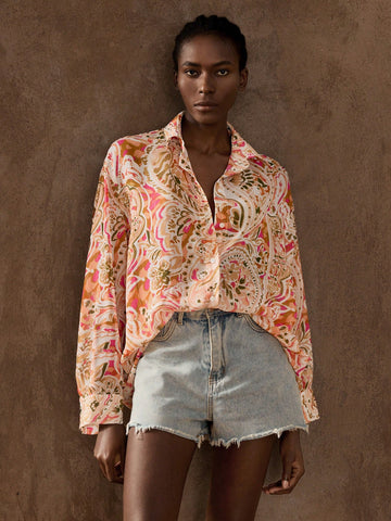 Retro Printed Summer Casual Blouse, Versatile, Fashionable, Comfortable & Loose Fit, Lapel Collar, Drop Shoulder, Long Sleeve, Front Button