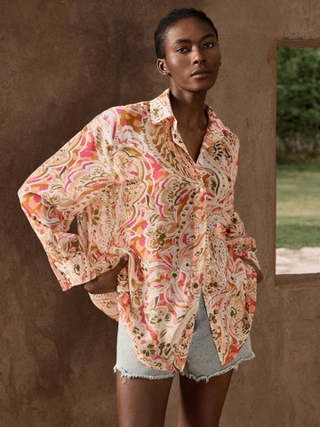 Retro Printed Summer Casual Blouse, Versatile, Fashionable, Comfortable & Loose Fit, Lapel Collar, Drop Shoulder, Long Sleeve, Front Button
