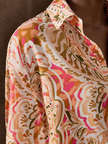 Retro Printed Summer Casual Blouse, Versatile, Fashionable, Comfortable & Loose Fit, Lapel Collar, Drop Shoulder, Long Sleeve, Front Button