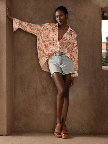 Retro Printed Summer Casual Blouse, Versatile, Fashionable, Comfortable & Loose Fit, Lapel Collar, Drop Shoulder, Long Sleeve, Front Button