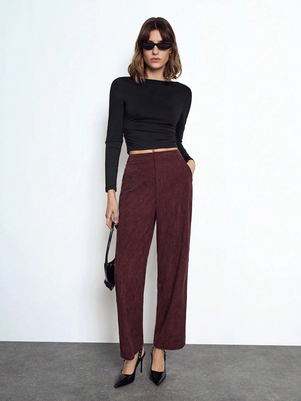 Maija Women's Red Elegant Solid Color Elastic Waist Loose Straight Casual Pants With Pockets, Versatile For Autumn/Winter