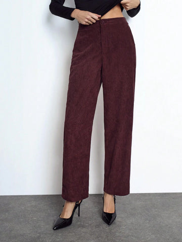 Maija Women's Red Elegant Solid Color Elastic Waist Loose Straight Casual Pants With Pockets, Versatile For Autumn/Winter