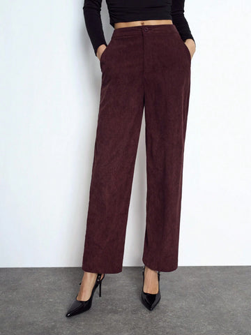 Maija Women's Red Elegant Solid Color Elastic Waist Loose Straight Casual Pants With Pockets, Versatile For Autumn/Winter