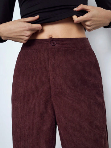 Maija Women's Red Elegant Solid Color Elastic Waist Loose Straight Casual Pants With Pockets, Versatile For Autumn/Winter