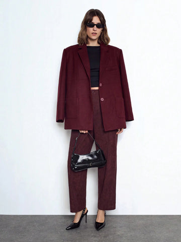 Maija Women's Red Elegant Solid Color Elastic Waist Loose Straight Casual Pants With Pockets, Versatile For Autumn/Winter