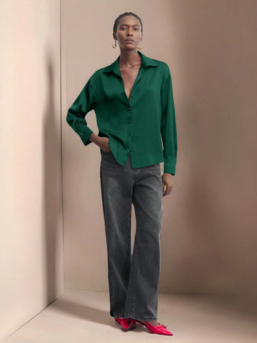 Maija Women's Red Solid Color Metal Button Front Collared Long Sleeve Shirt, Minimalist Party & Christmas Casual Top