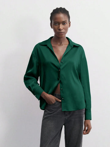 Maija Women's Red Solid Color Metal Button Front Collared Long Sleeve Shirt, Minimalist Party & Christmas Casual Top