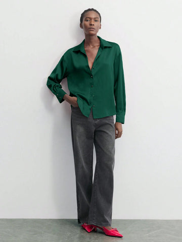 Maija Women's Red Solid Color Metal Button Front Collared Long Sleeve Shirt, Minimalist Party & Christmas Casual Top