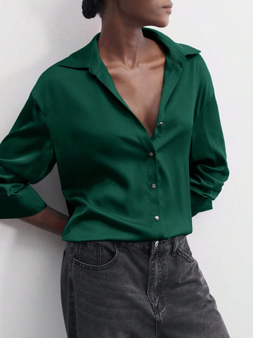 Maija Women's Red Solid Color Metal Button Front Collared Long Sleeve Shirt, Minimalist Party & Christmas Casual Top