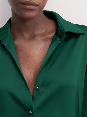 Maija Women's Red Solid Color Metal Button Front Collared Long Sleeve Shirt, Minimalist Party & Christmas Casual Top