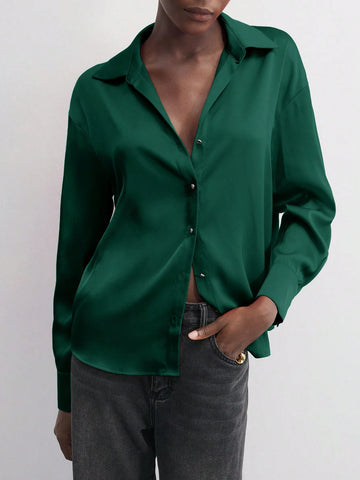 Maija Women's Red Solid Color Metal Button Front Collared Long Sleeve Shirt, Minimalist Party & Christmas Casual Top