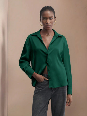 Maija Women's Red Solid Color Metal Button Front Collared Long Sleeve Shirt, Minimalist Party & Christmas Casual Top