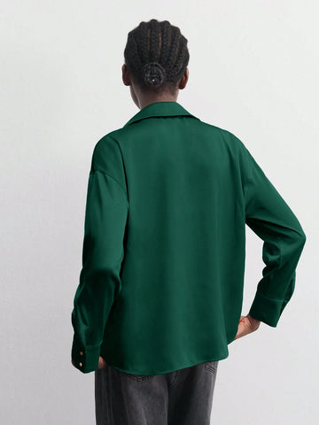 Maija Women's Red Solid Color Metal Button Front Collared Long Sleeve Shirt, Minimalist Party & Christmas Casual Top