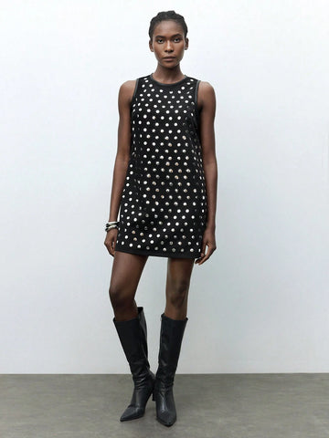 Maija Women's Rivet Design Round Neck Sleeveless Casual Loose Mini Dress