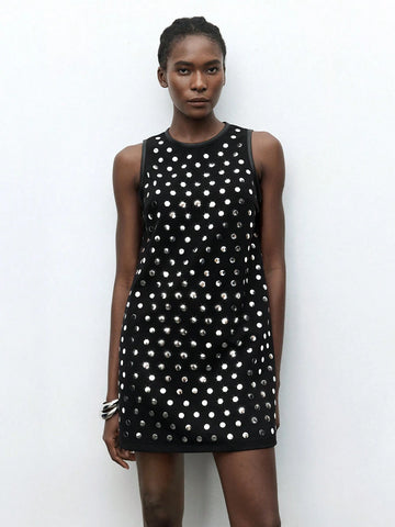 Maija Women's Rivet Design Round Neck Sleeveless Casual Loose Mini Dress