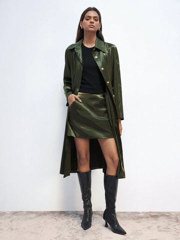 Maija Women's Satin Fabric Skirt With Zipper Pocket, Fashionable And Versatile, Olive Green, Autumn/Winter