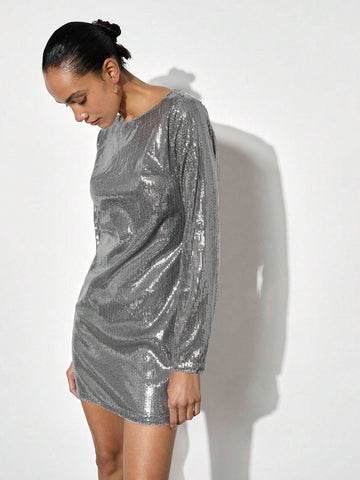 Maija Women's Sequin Backless Draped Neck Mini Christmas Party Dress, Silver, Autumn/Winter