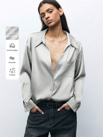 Maija Women's Solid Color Dropped Shoulder Long Sleeve Single-Breasted Pocket Loose Casual Shirt, Autumn