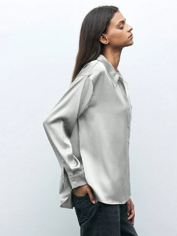 Maija Women's Solid Color Dropped Shoulder Long Sleeve Single-Breasted Pocket Loose Casual Shirt, Autumn