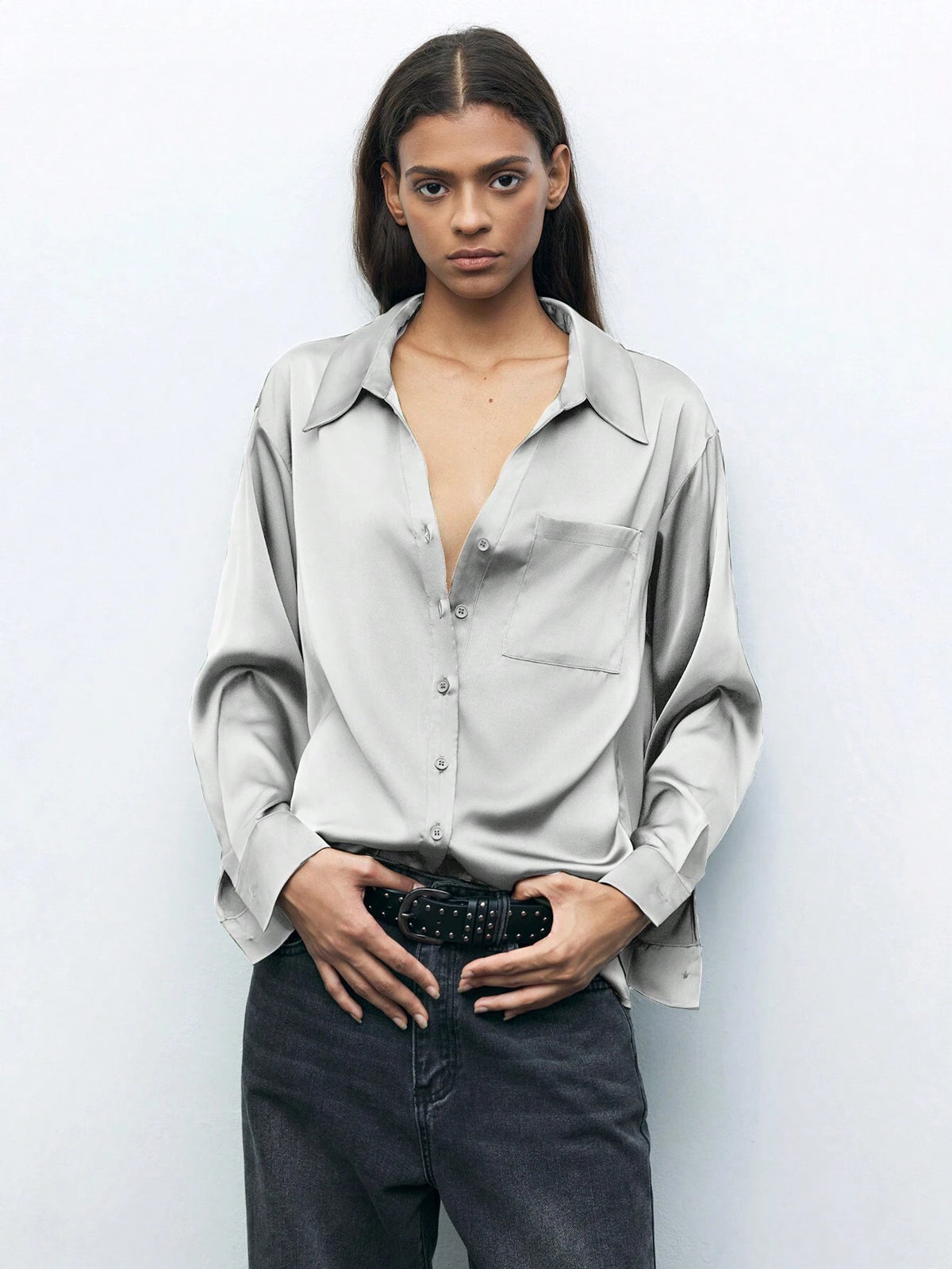 Maija Women's Solid Color Dropped Shoulder Long Sleeve Single-Breasted Pocket Loose Casual Shirt, Autumn