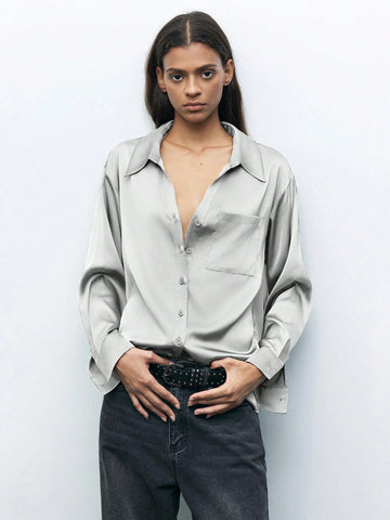 Maija Women's Solid Color Dropped Shoulder Long Sleeve Single-Breasted Pocket Loose Casual Shirt, Autumn