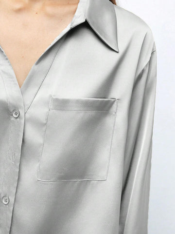 Maija Women's Solid Color Dropped Shoulder Long Sleeve Single-Breasted Pocket Loose Casual Shirt, Autumn