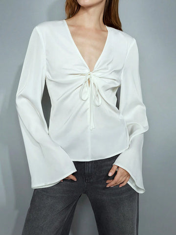 Maija Women's Solid Color Long Sleeve Front Tie Elegant Shirt, Autumn