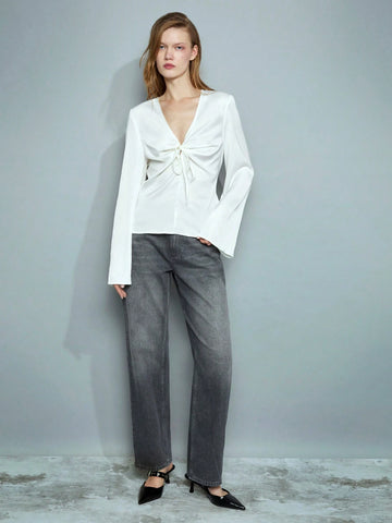 Maija Women's Solid Color Long Sleeve Front Tie Elegant Shirt, Autumn