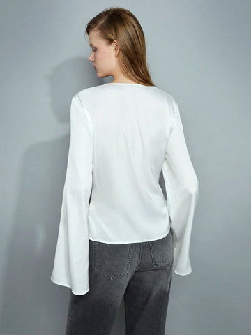 Maija Women's Solid Color Long Sleeve Front Tie Elegant Shirt, Autumn