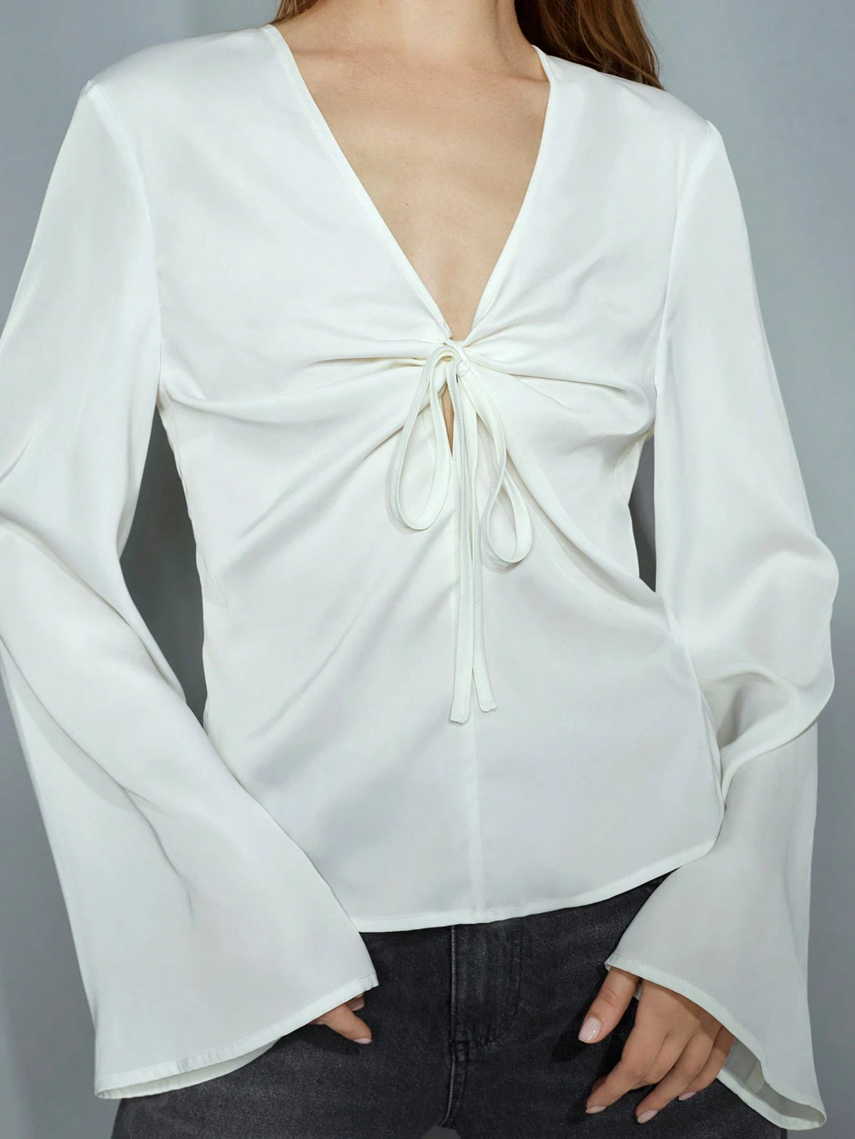 Maija Women's Solid Color Long Sleeve Front Tie Elegant Shirt, Autumn