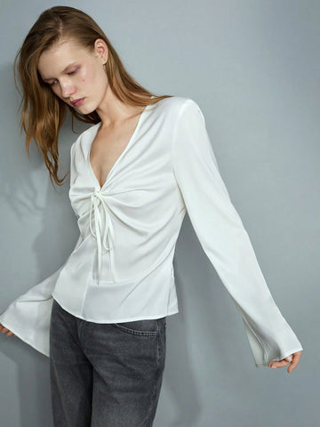 Maija Women's Solid Color Long Sleeve Front Tie Elegant Shirt, Autumn