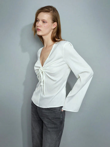 Maija Women's Solid Color Long Sleeve Front Tie Elegant Shirt, Autumn