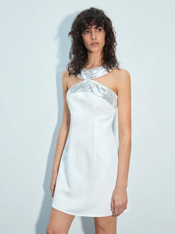 Maija Women's Solid Color Patchwork Sequin Halter Mini Dress, Fashion