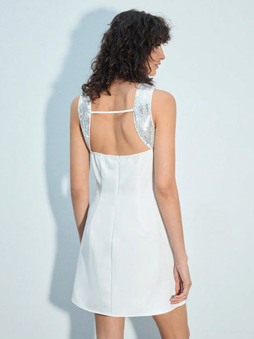 Maija Women's Solid Color Patchwork Sequin Halter Mini Dress, Fashion