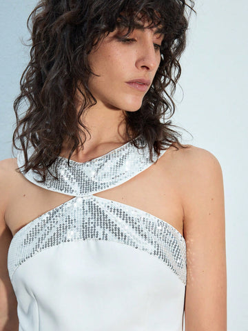 Maija Women's Solid Color Patchwork Sequin Halter Mini Dress, Fashion