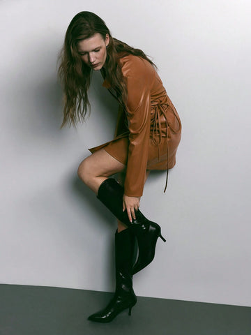 Maija Women's Solid Color Ruffle Collar Long Sleeve Pleated PU Leather Fashion Mini Dress, Autumn