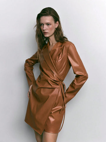 Maija Women's Solid Color Ruffle Collar Long Sleeve Pleated PU Leather Fashion Mini Dress, Autumn