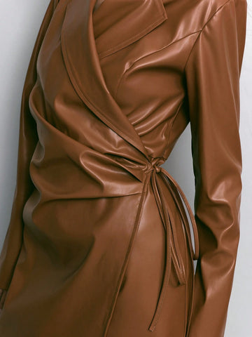 Maija Women's Solid Color Ruffle Collar Long Sleeve Pleated PU Leather Fashion Mini Dress, Autumn