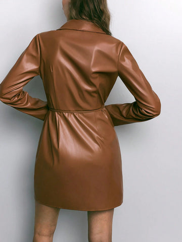 Maija Women's Solid Color Ruffle Collar Long Sleeve Pleated PU Leather Fashion Mini Dress, Autumn