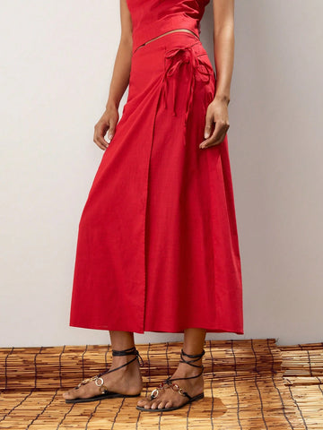 Maija Women's Solid Color Wrap Twist Hem Elegant A-Line Skirt