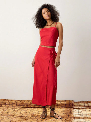 Maija Women's Solid Color Wrap Twist Hem Elegant A-Line Skirt